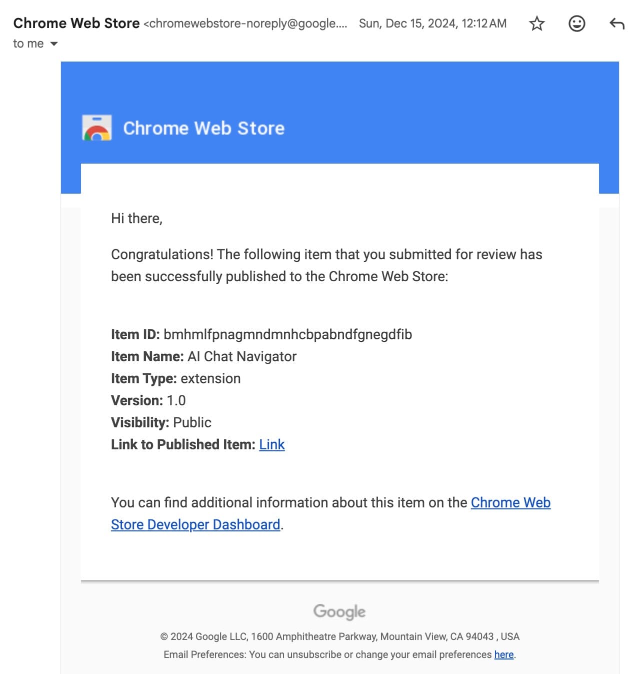 Chrome Web Store publication email
